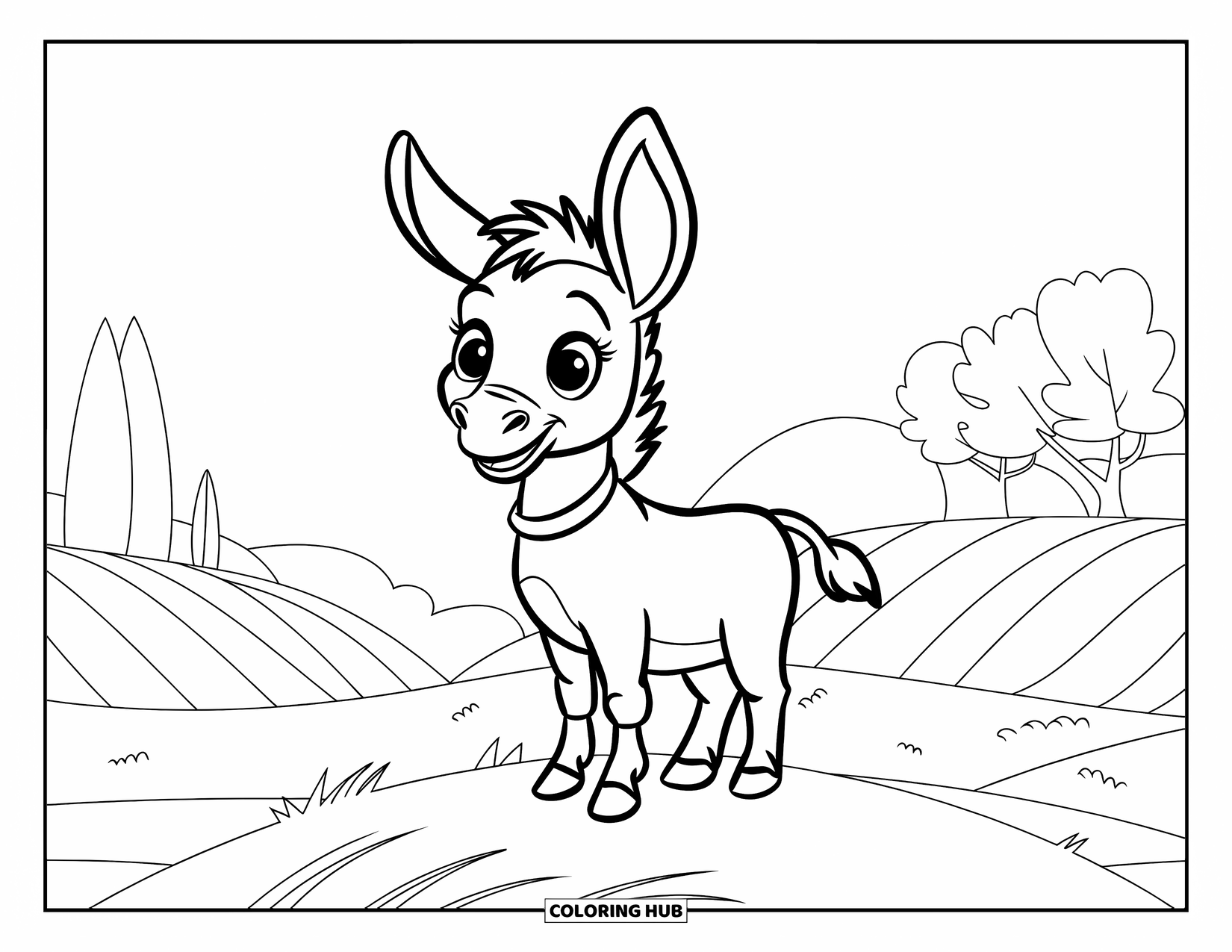 Donkey Coloring Page for Kids: A donkey with a bright collar stands atop a hill with rolling fields in the background