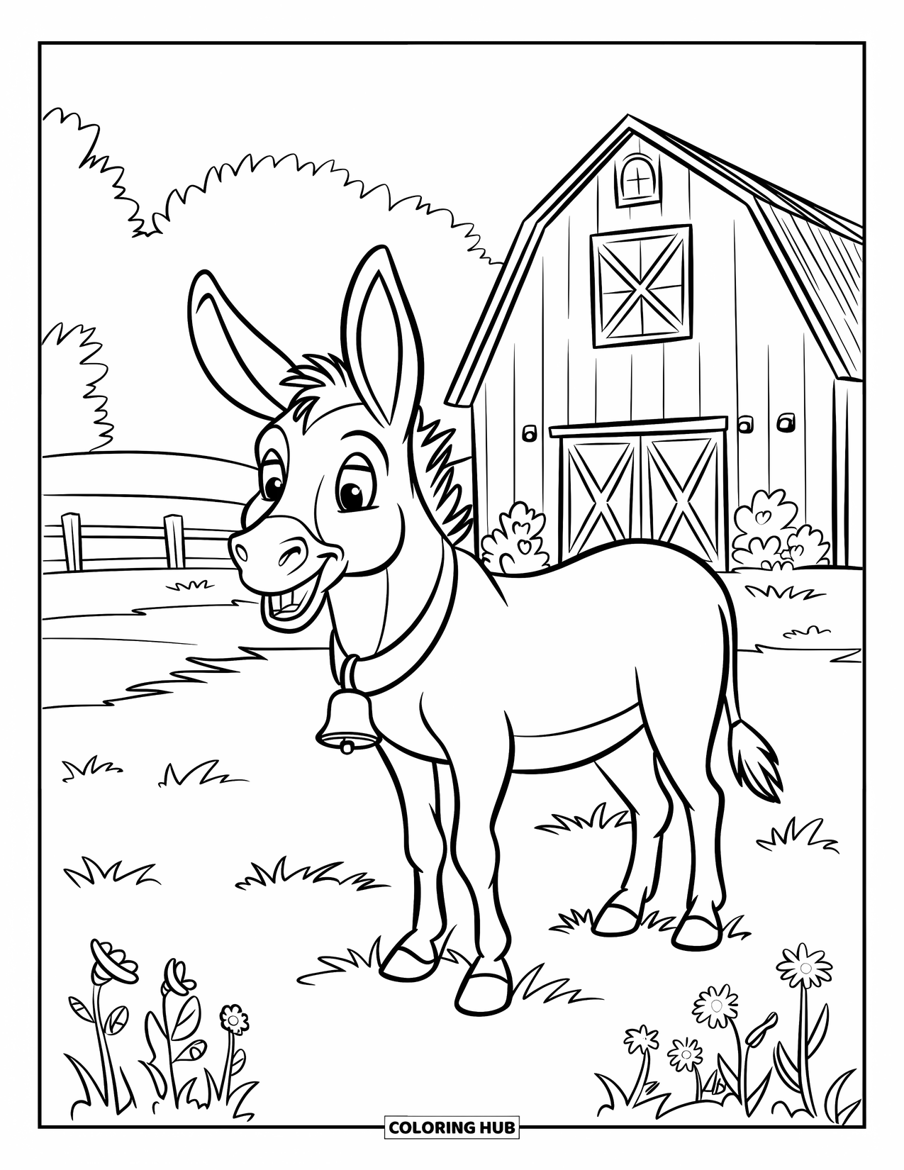 Donkey Coloring Page for Kids: A donkey with a bright smile enjoys the breeze in an open farm field