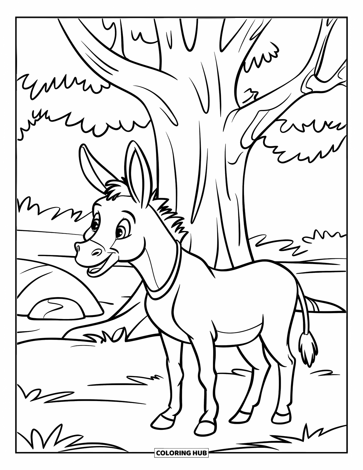 Donkey Coloring Page for Kids: A donkey with a friendly smile rests near a tree, enjoying the open countryside