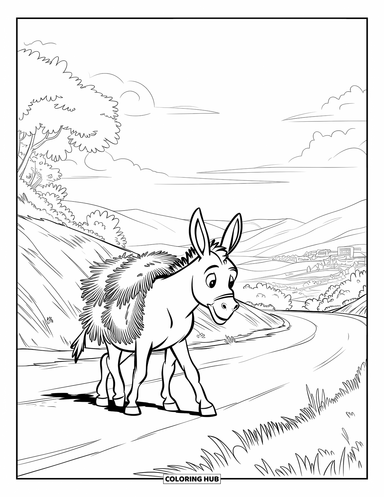 Donkey Coloring Page for Kids: A donkey with a hay bundle on its back walks through a valley with a distant village