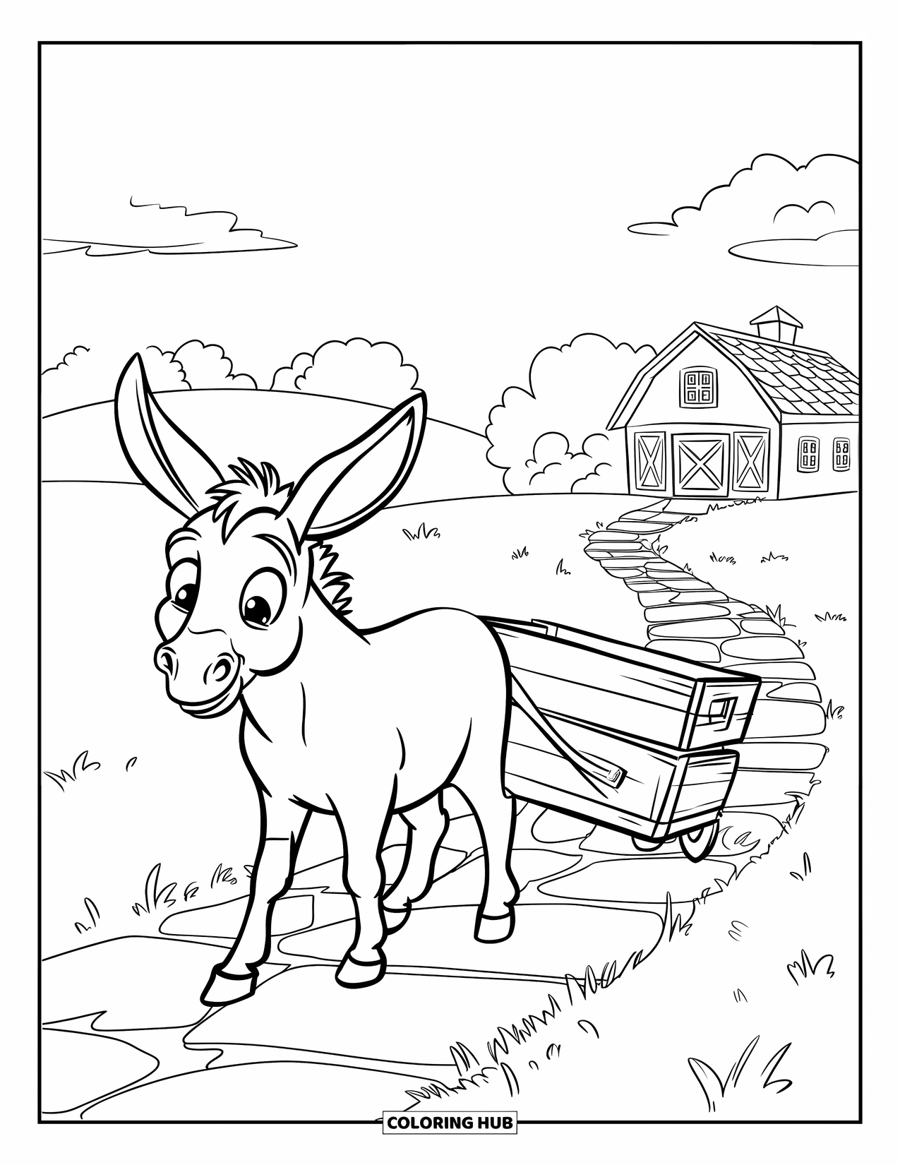 Donkey Coloring Page for Kids: A donkey with a sad expression drags a wooden crate along a winding farm path