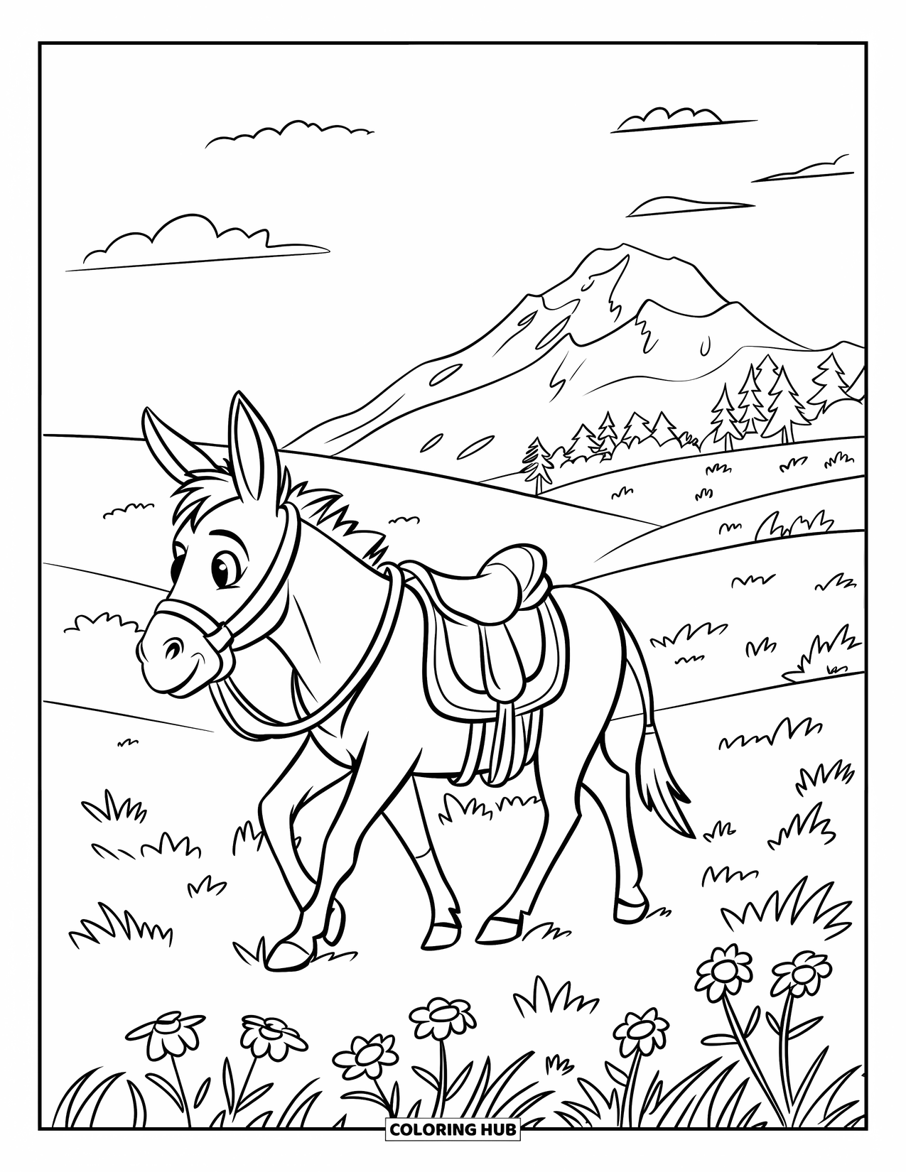 Donkey Coloring Page for Kids: A donkey with a saddle walks along a grassy path with a distant mountain view