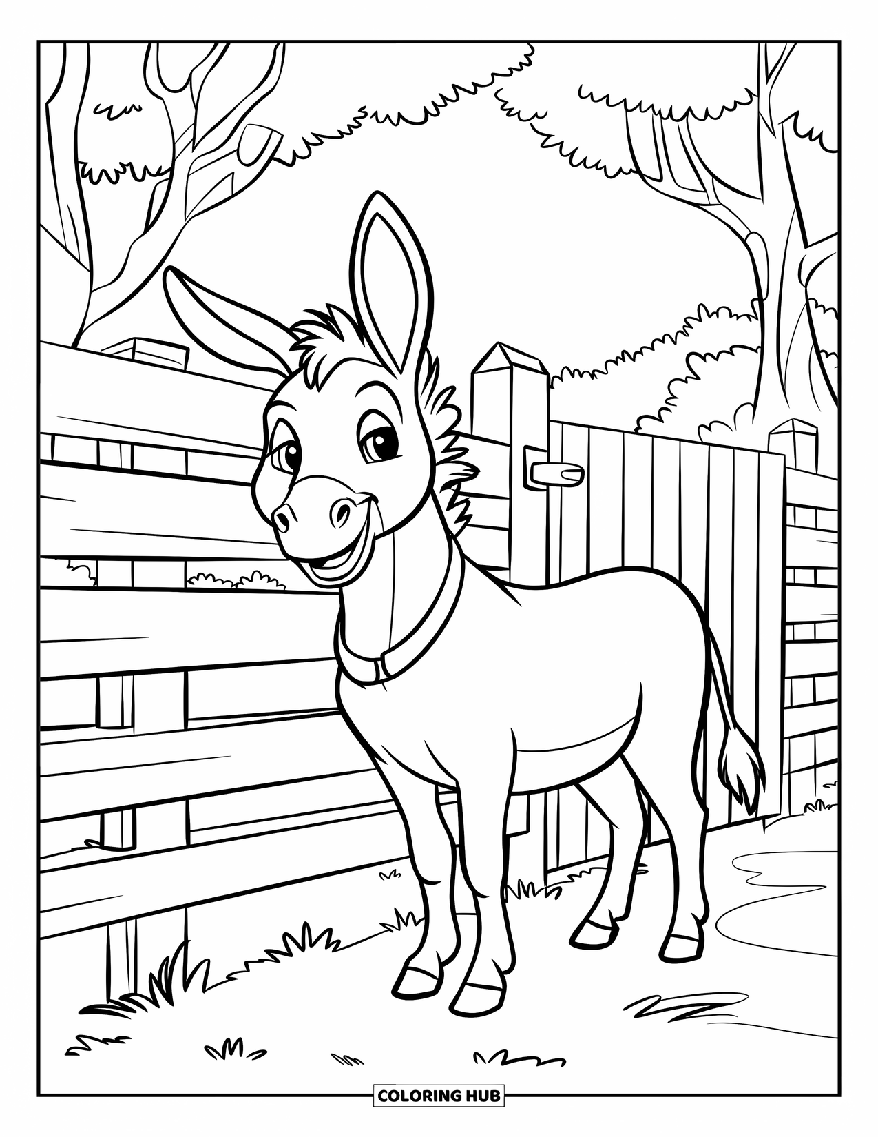 Donkey Coloring Page for Kids: A donkey with a simple collar stands near a wooden fence, gazing at the rolling fields