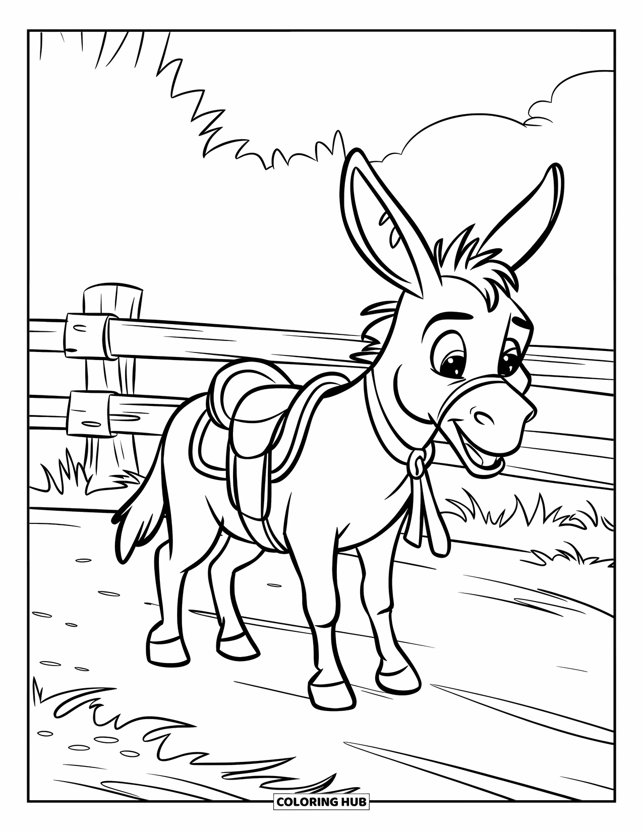 Donkey Coloring Page for Kids: A donkey with a sturdy saddle stands confidently on a dirt road near a wooden fence