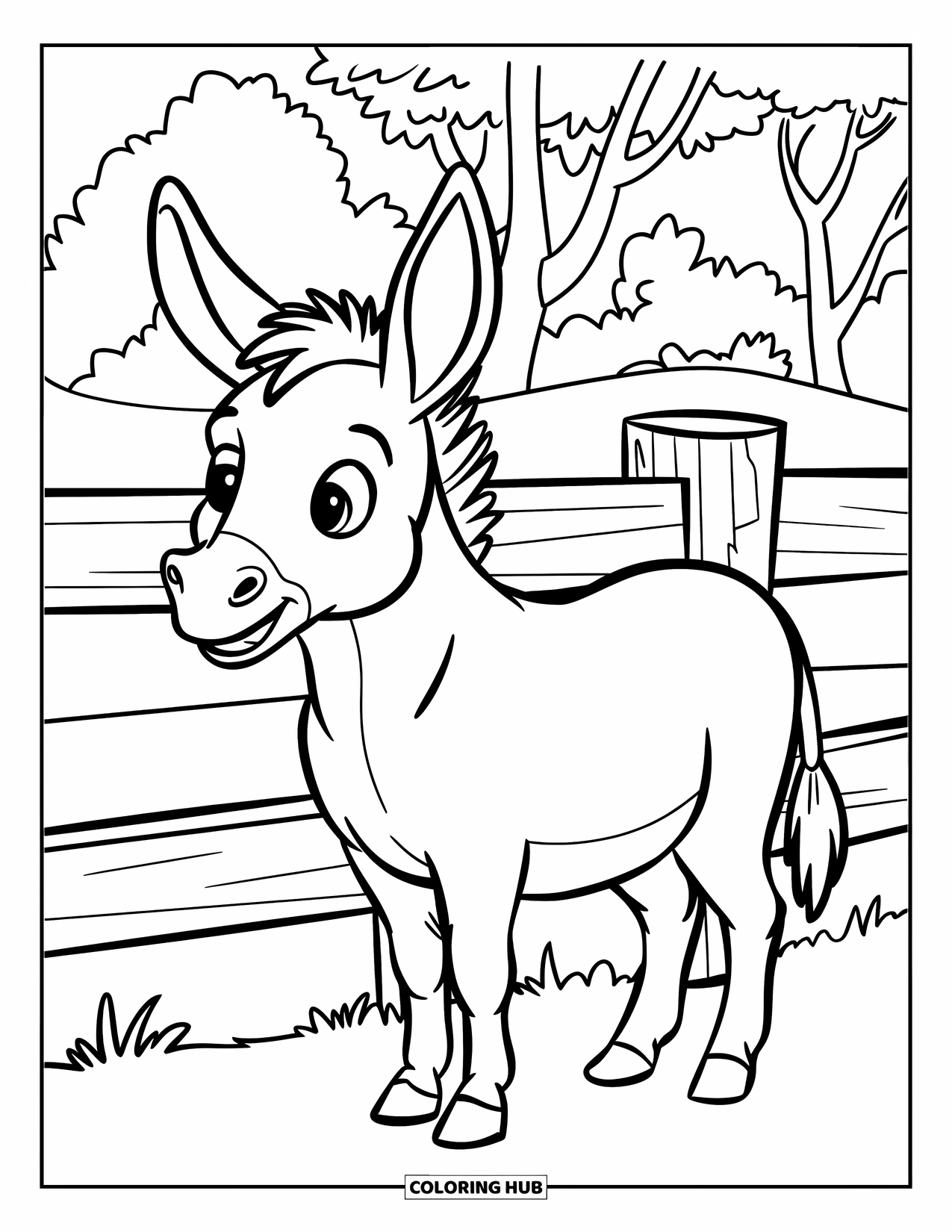 Donkey Coloring Page for Kids: A donkey with large, floppy ears stands beside a rustic wooden fence in a pasture