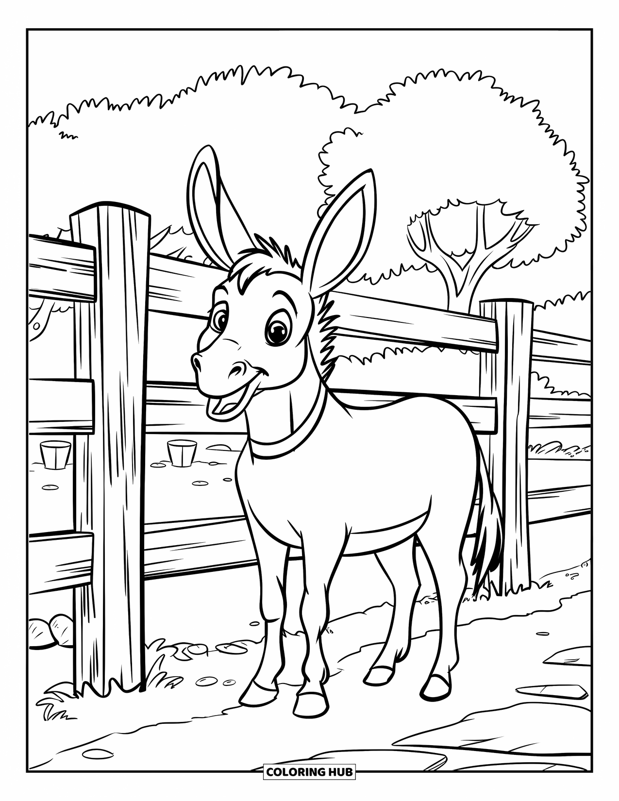 Donkey Coloring Page for Kids: A donkey with perked-up ears watches the horizon from behind a weathered fence