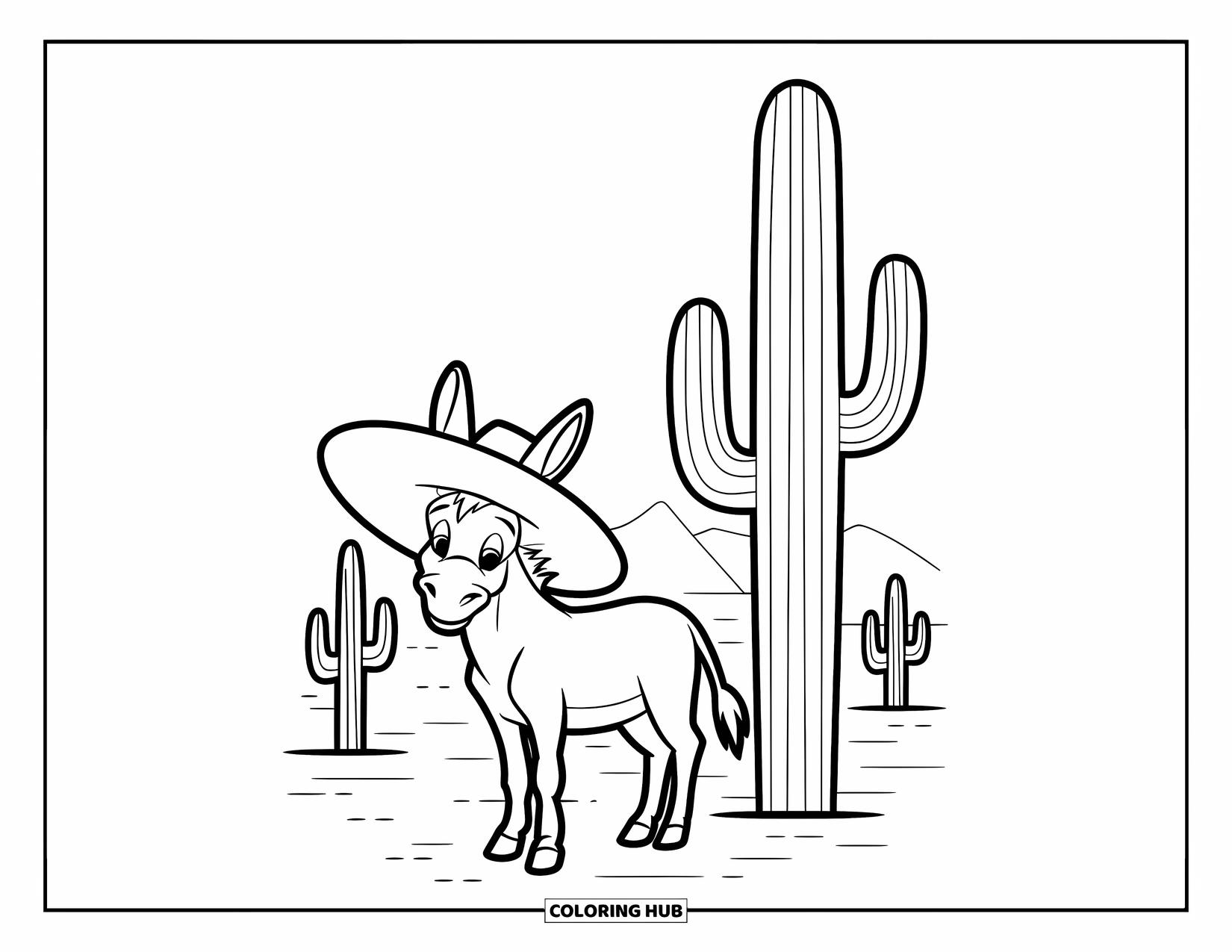 Donkey Coloring Page for Kids: A friendly donkey in a wide-brimmed hat stands next to a cactus under a desert sun