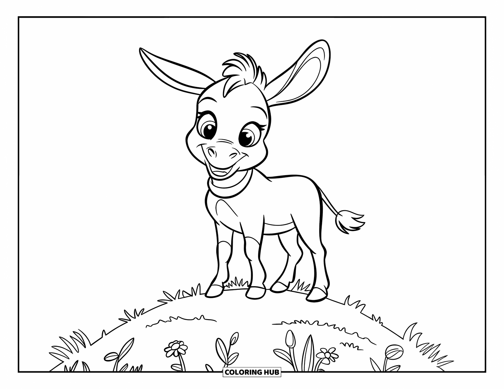 Donkey Coloring Page for Kids: A friendly donkey with expressive eyes stands on a gentle hill covered in wildflowers
