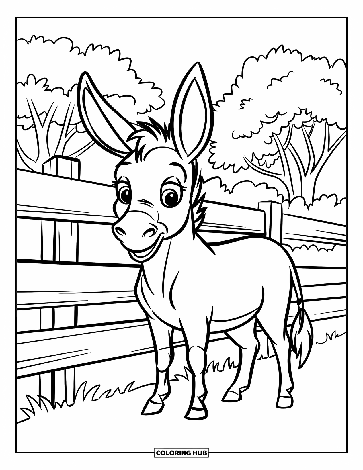 Donkey Coloring Page for Kids: A gentle donkey with long ears leans against a wooden fence, enjoying the cool breeze