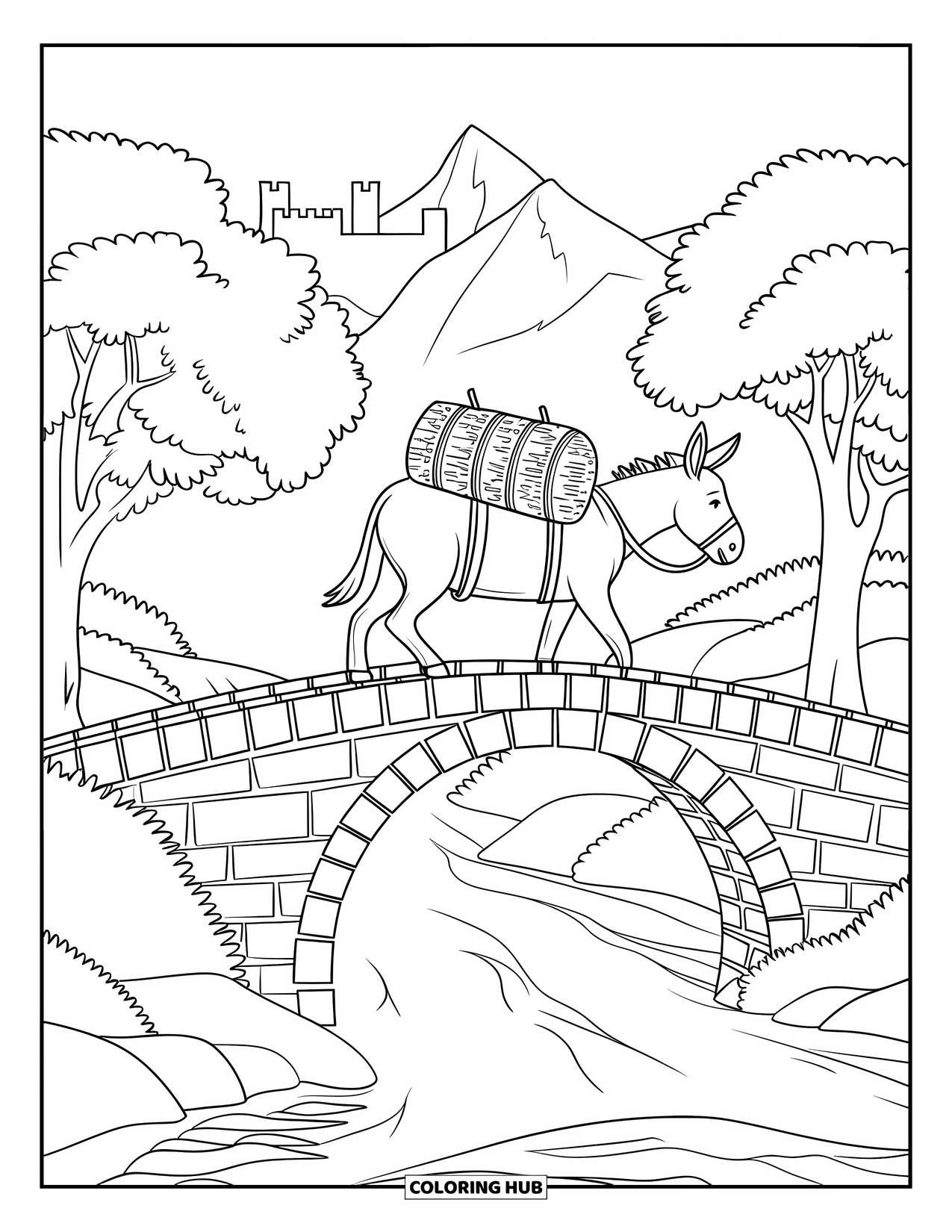 Donkey Coloring Page for Kids: A hardworking donkey crosses a stone bridge with a castle and village in the background