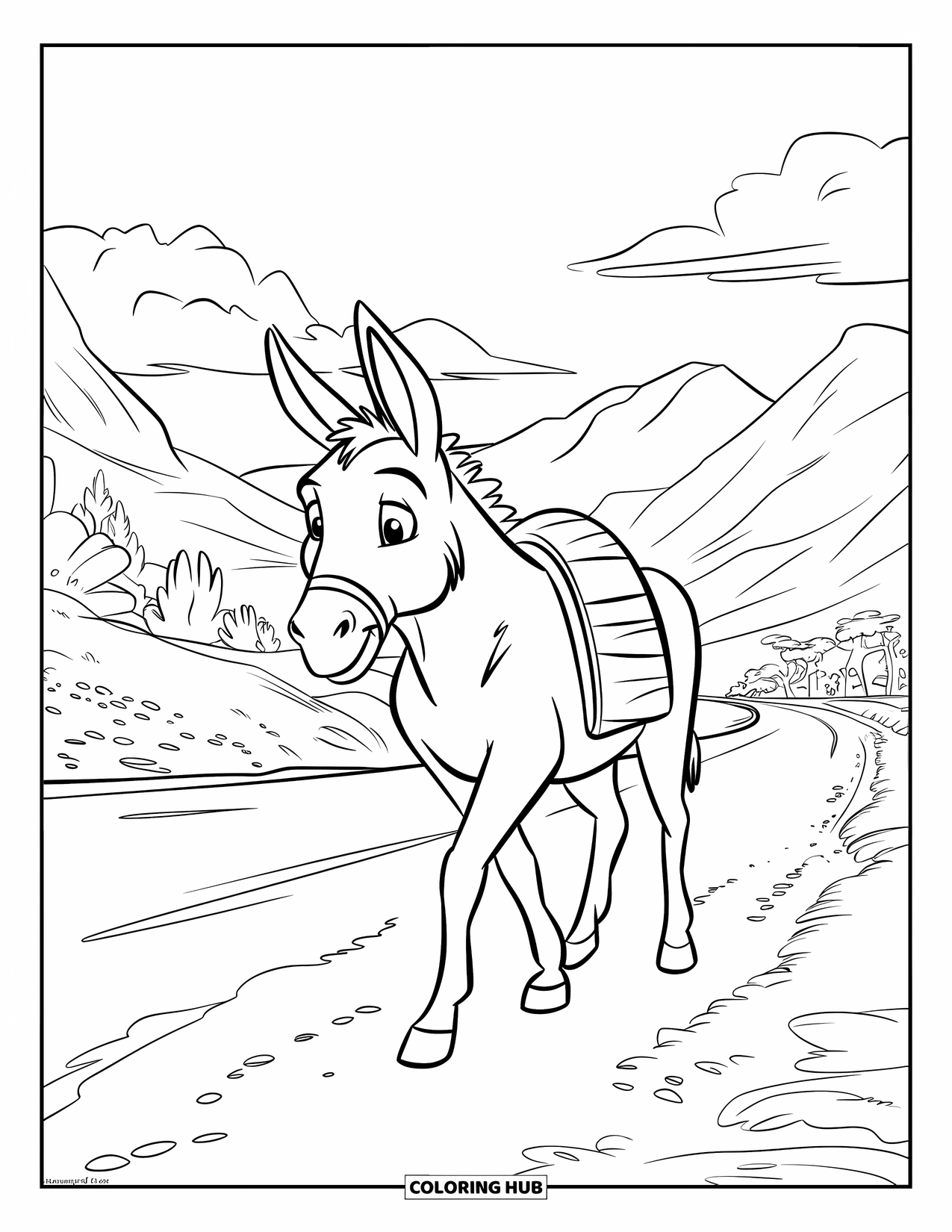 Donkey Coloring Page for Kids: A hardworking donkey walks a dirt road carrying supplies, surrounded by rolling hills