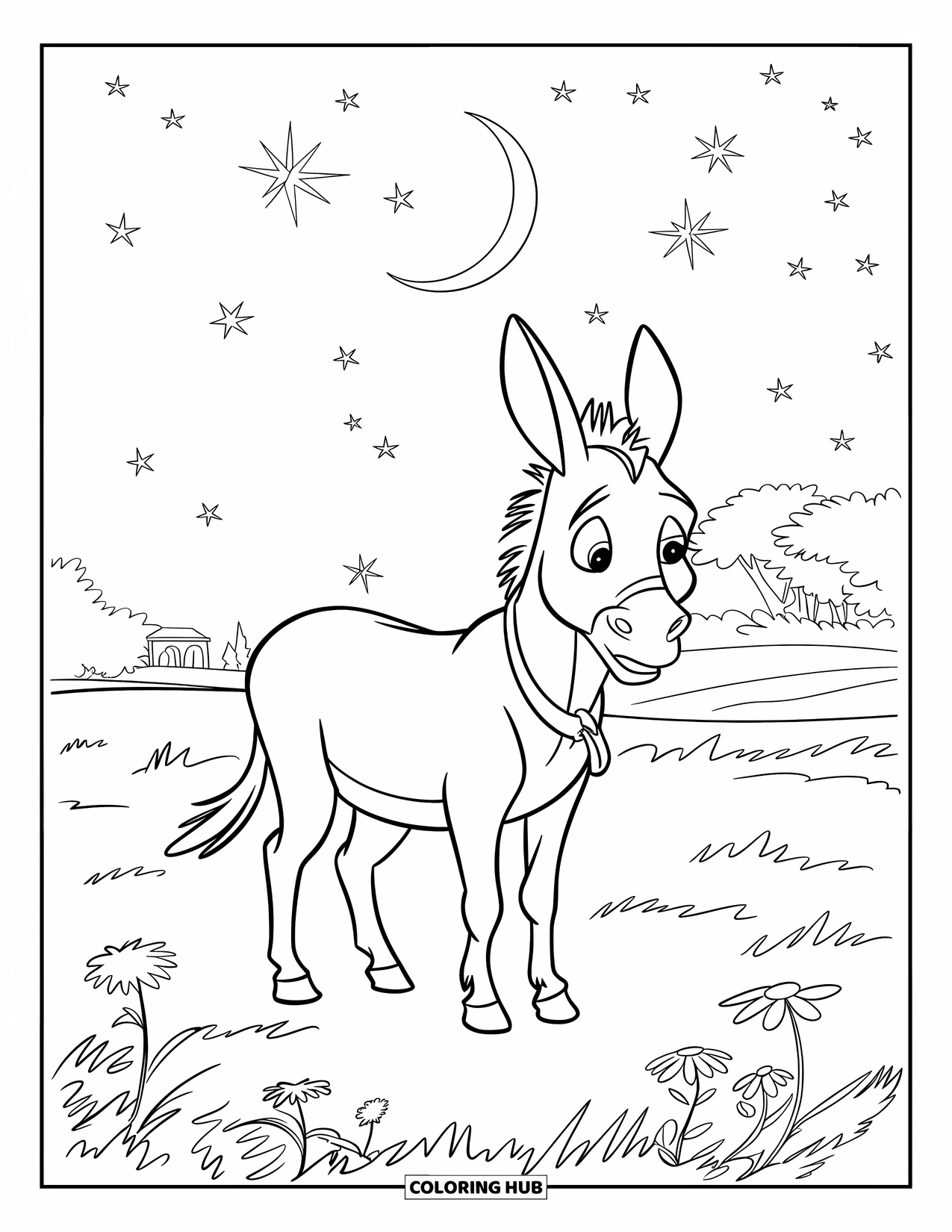 Donkey Coloring Page for Kids: A lonely donkey gazes at the night sky in a grassy field with distant buildings