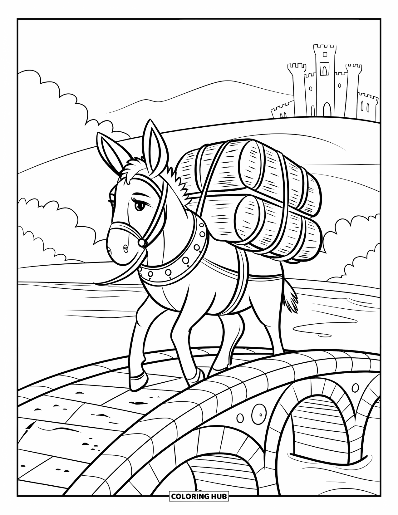 Donkey Coloring Page for Kids: A medieval donkey carries a bundle across an arched stone bridge over a flowing river
