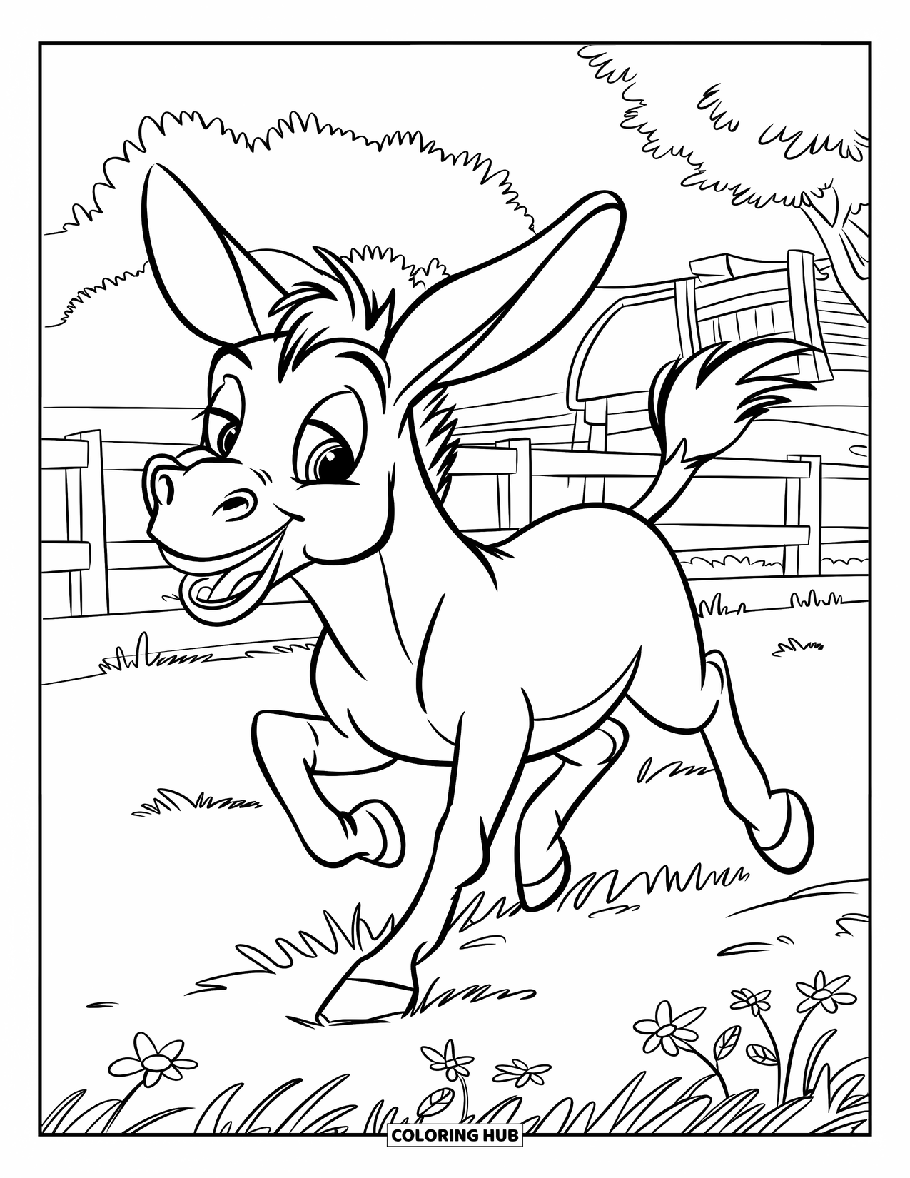 Donkey Coloring Page for Kids: A playful donkey runs across a grassy field, enjoying the fresh air and wildflowers