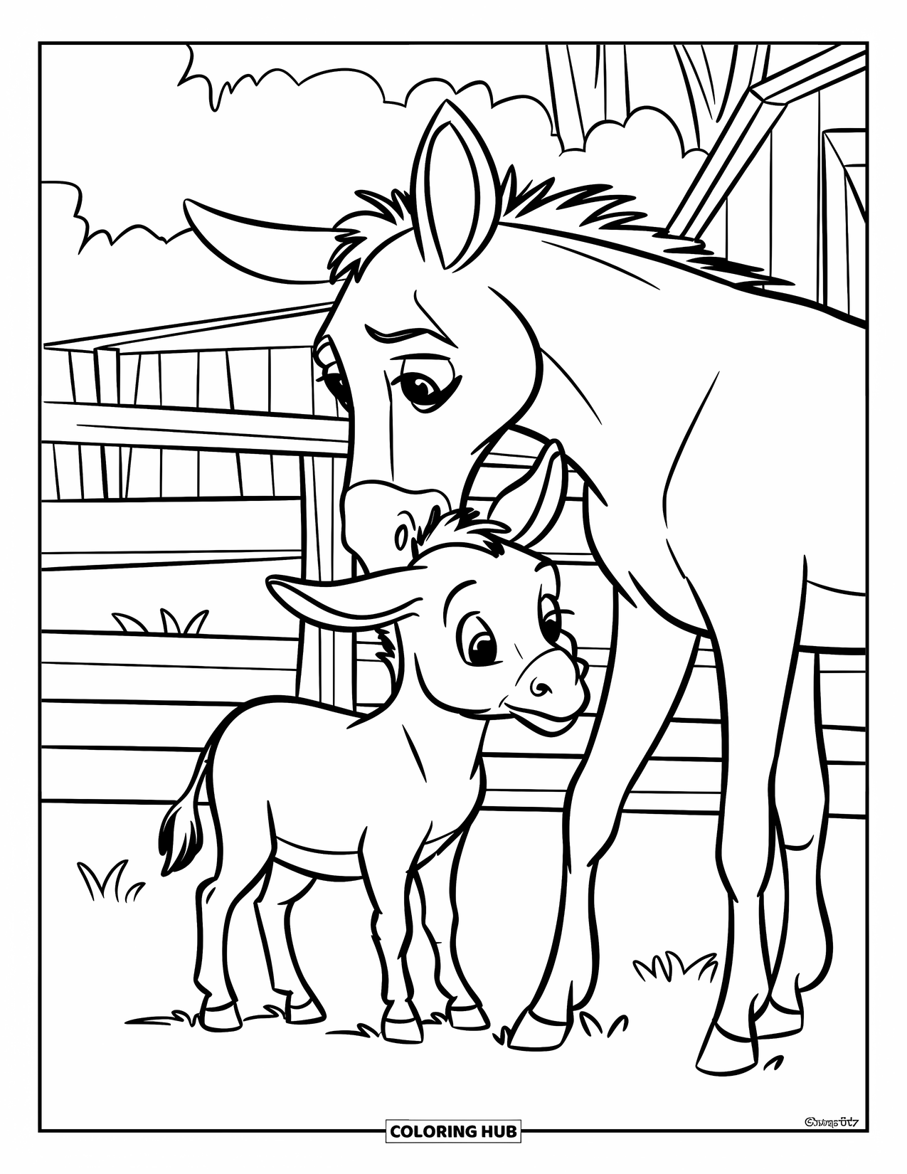 Donkey Coloring Page for Kids: A playful young donkey nuzzles its mother while standing in a grassy farmyard