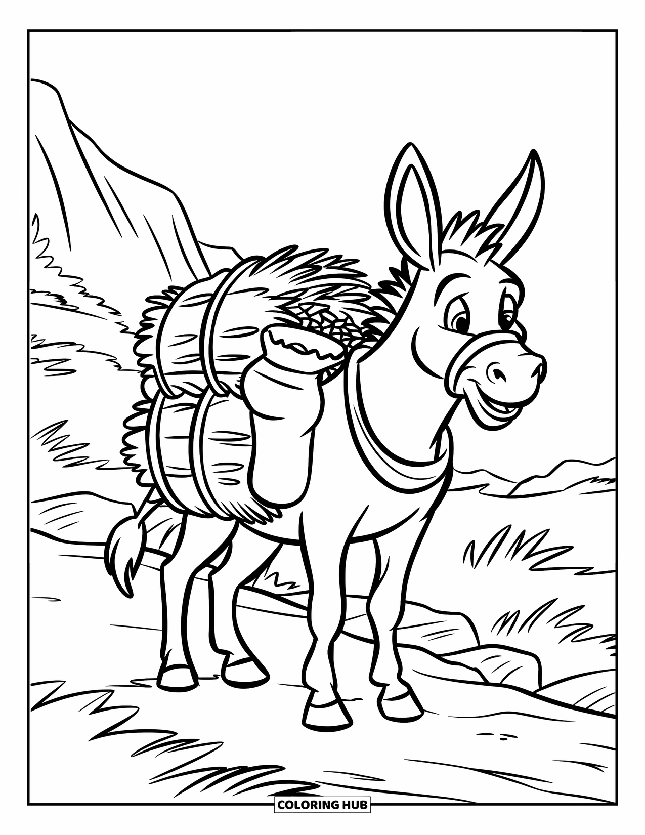 Donkey Coloring Page for Kids: A strong donkey carries a bundle of hay on a rocky path in a mountainous landscape