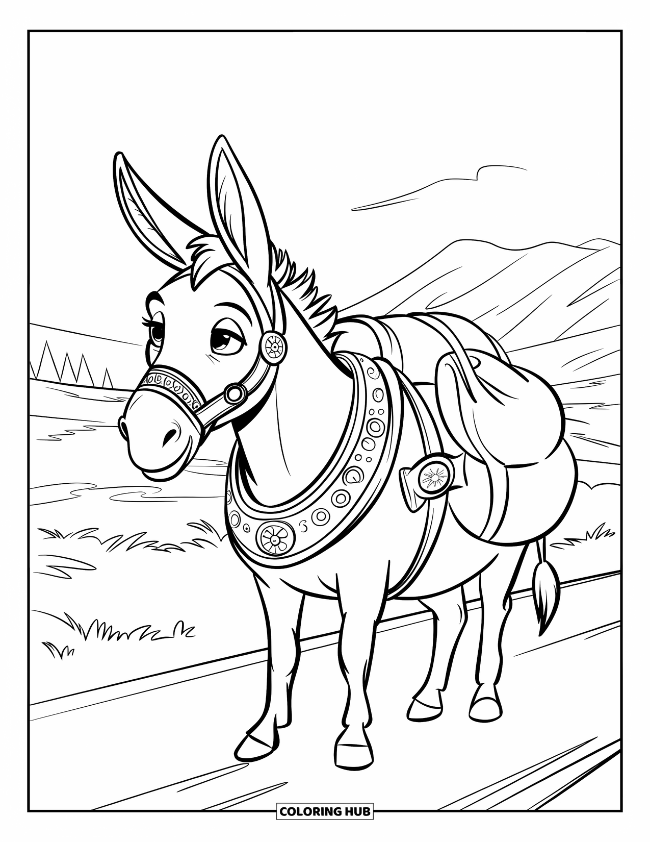 Donkey Coloring Page for Kids: A sturdy donkey with a triangular head and a saddle stands in an open landscape