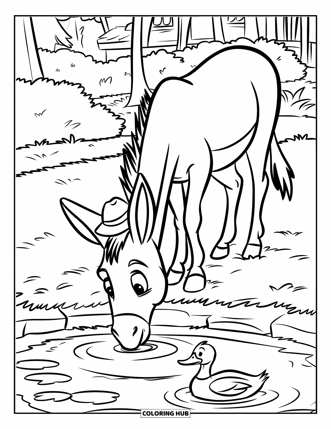 Donkey Coloring Page for Kids: A thirsty donkey drinks from a small pond while a duck floats nearby in calm water