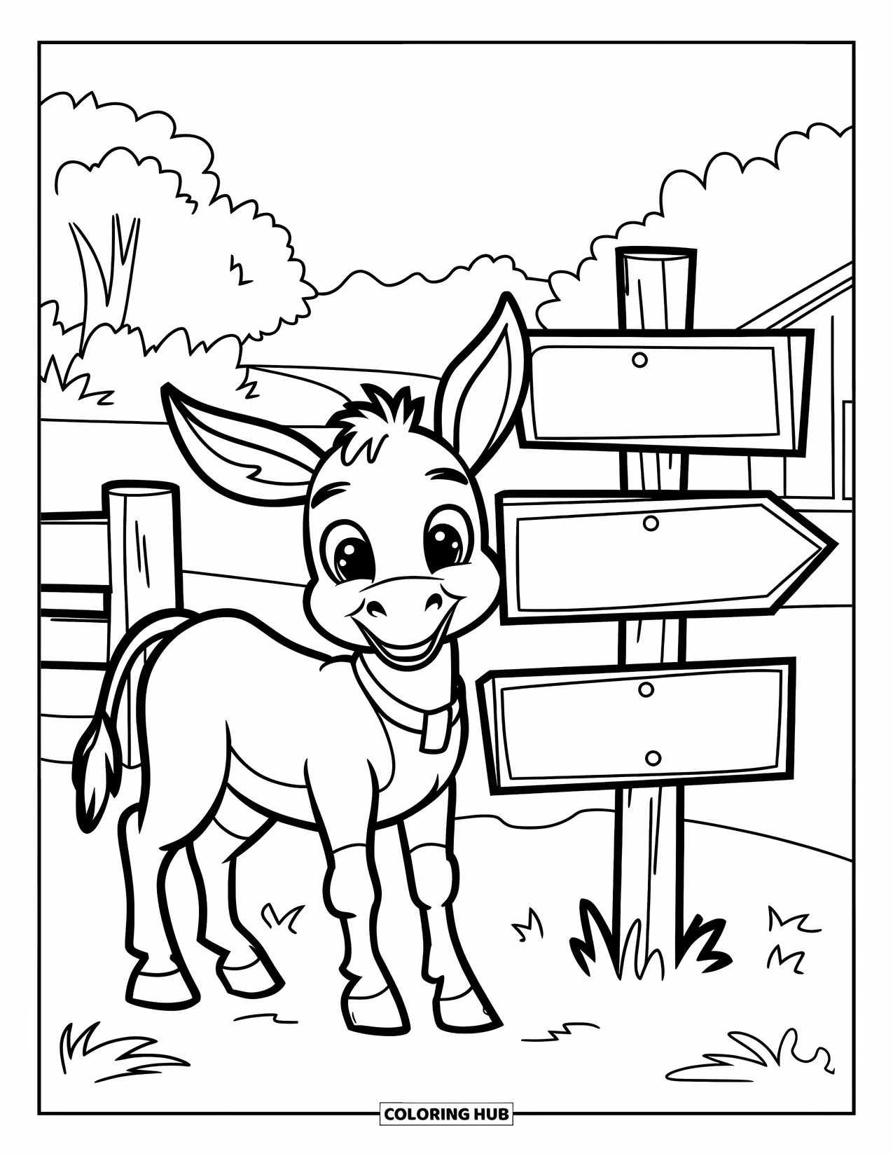 Donkey Coloring Page for Kids: A young donkey stands beside a wooden signpost at the entrance of a quiet farm