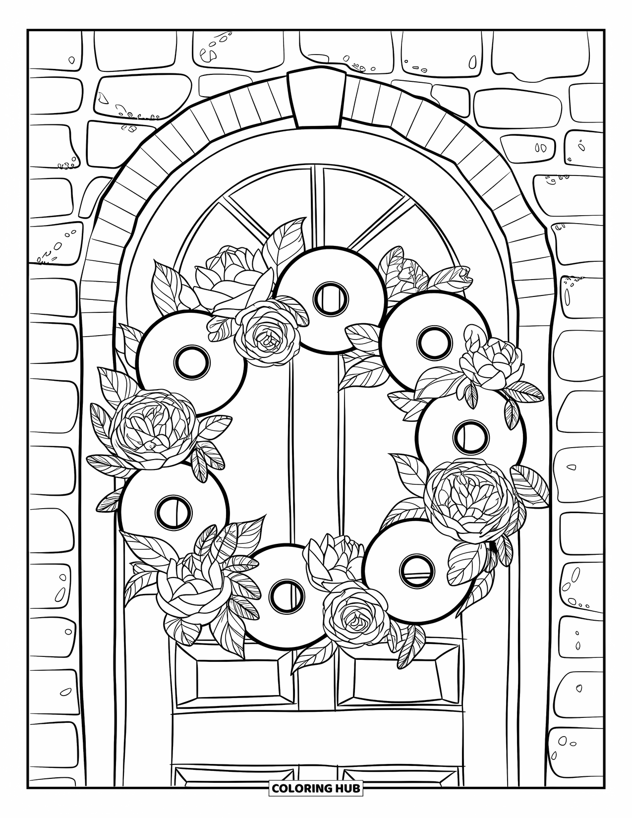 Donut Coloring Page for Adults: A beautifully crafted wreath of donuts and flowers, placed on a wooden door