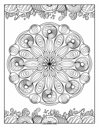 Coloriage de donut pour adultes : Un mandala de donut magnifiquement détaillé, avec de délicats motifs de glaçage et une symétrie circulaire