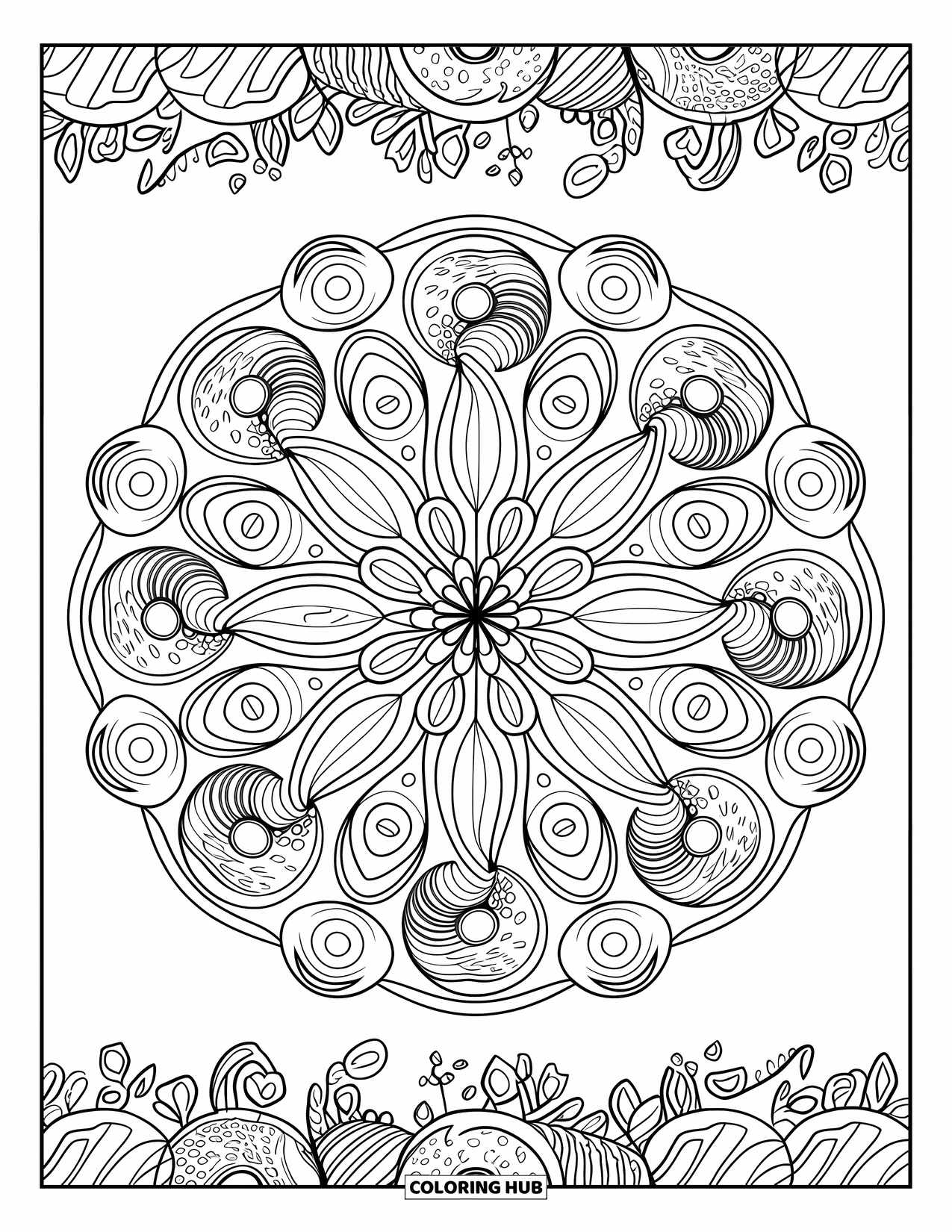 Donut Coloring Page for Adults: A beautifully detailed donut mandala, featuring delicate frosting patterns and circular symmetry