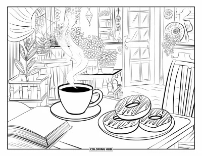 Coloriage de donut pour adultes : Un coin café charmant avec du café, un livre ouvert et des donuts artistiquement conçus