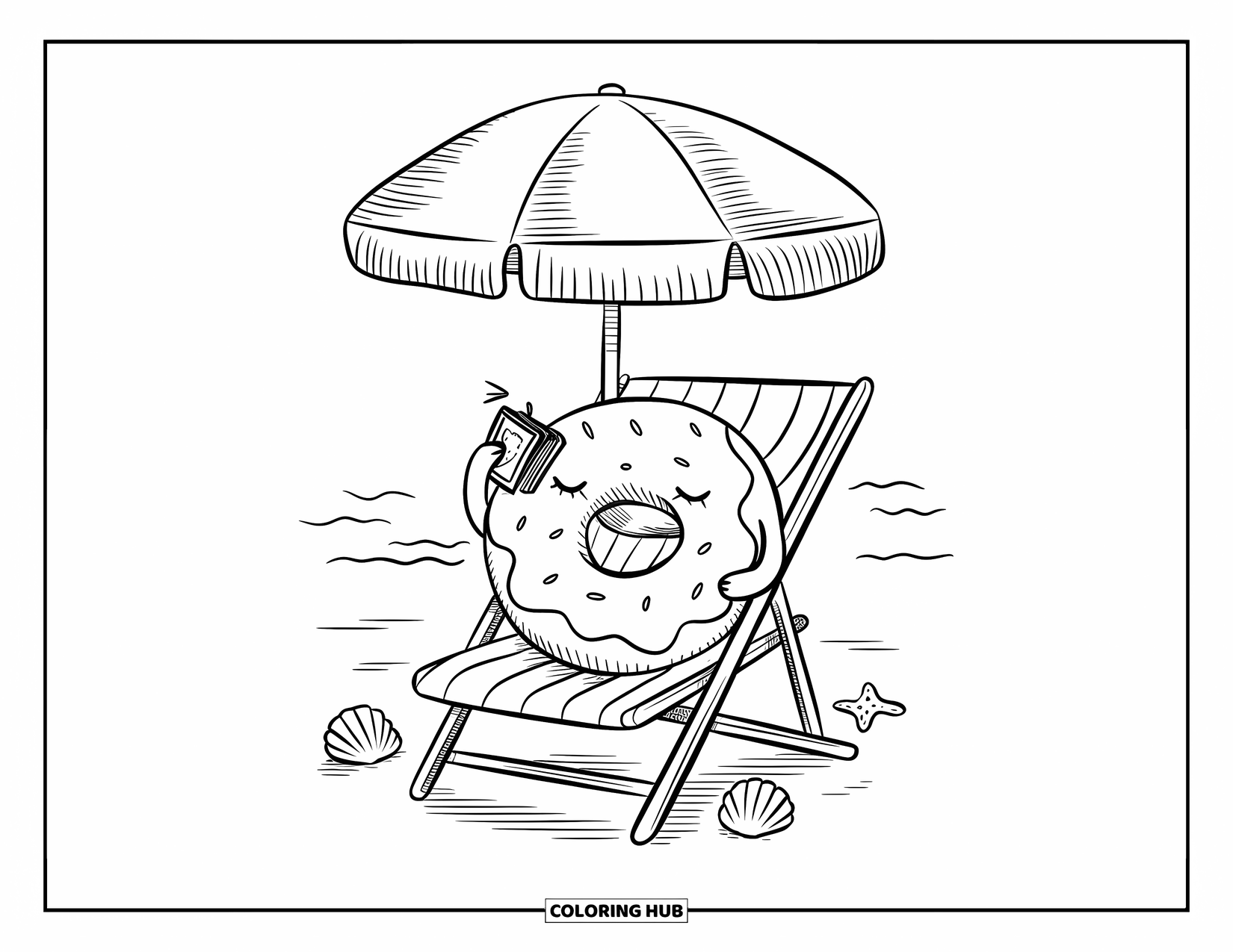 Donut Coloring Page for Adults: A cheerful donut sunbathes on a beach chair with a tiny book and a cool drink