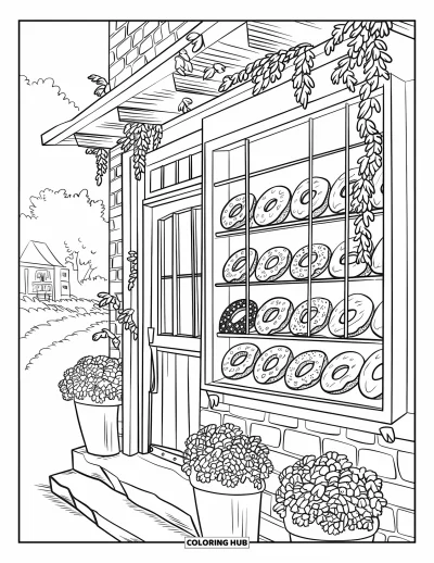 Coloriage de donut pour adultes : Une boulangerie confortable avec une façade en bois, présentant des donuts dans une charmante vitrine
