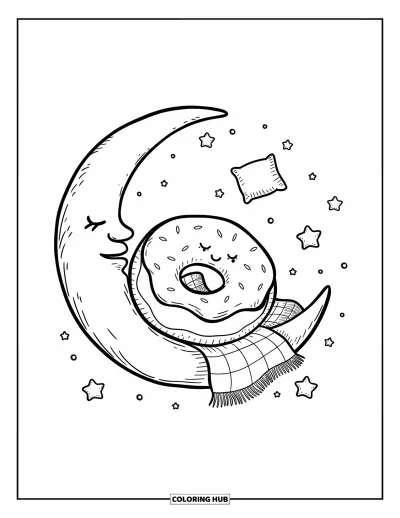 Coloriage de donut pour adultes : Un donut confortable se blottit sur un croissant de lune avec une petite couverture