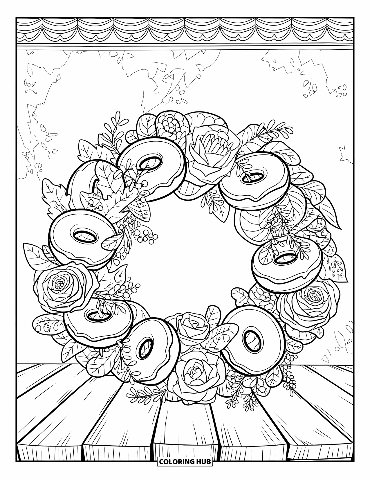 Donut Coloring Page for Adults: A delicate wreath of donuts intertwined with roses, peonies, and ivy