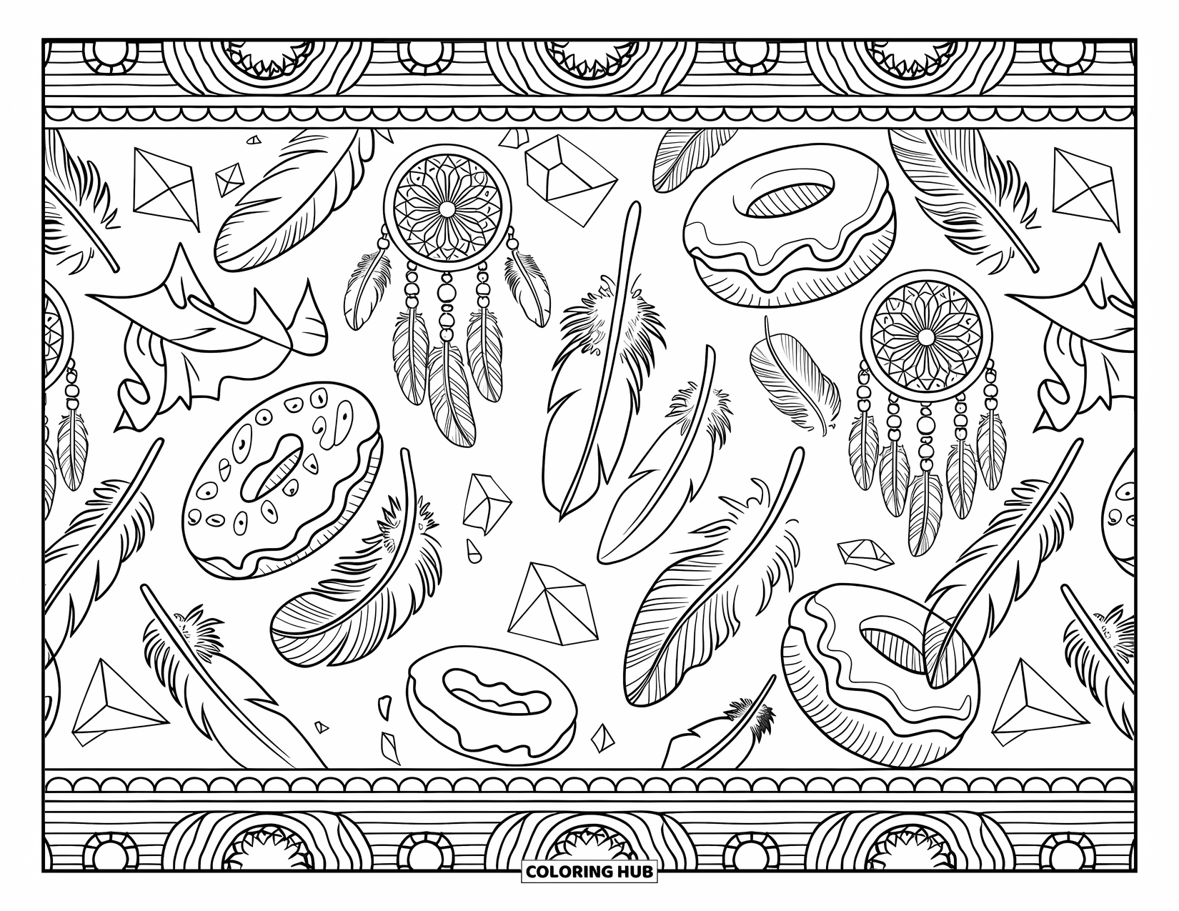 Donut Coloring Page for Adults: A detailed boho-style pattern with donuts, dreamcatchers, and tribal geometric elements