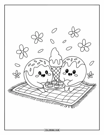 Coloriage de donut pour adultes : Un donut et un cornet de crème glacée profitent d’un pique-nique confortable avec des pâtisseries et une douce brise