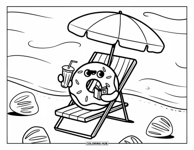 Coloriage de donut pour adultes : Un donut se détend sur une chaise de plage, profitant de la brise océanique et d’une boisson rafraîchissante