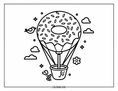 Coloriage de donut pour adultes : Un ballon en forme de donut transporte un petit panier, dérivant paisiblement parmi les nuages