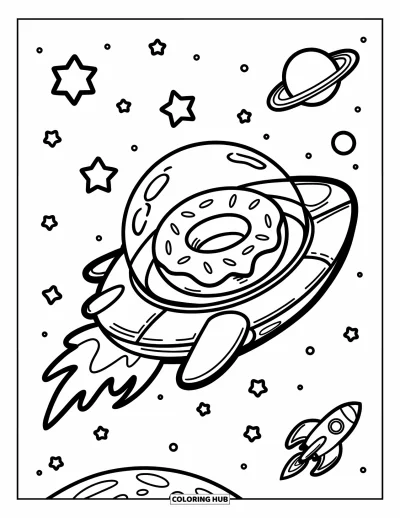 Coloriage de donut pour adultes : Un vaisseau spatial en forme de donut zoome dans l’espace, laissant derrière lui une traînée de glaçage