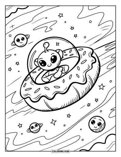 Coloriage de donut pour adultes : Un vaisseau spatial en forme de donut avec une traînée de glaçage s’envole à travers une galaxie remplie de planètes joyeuses