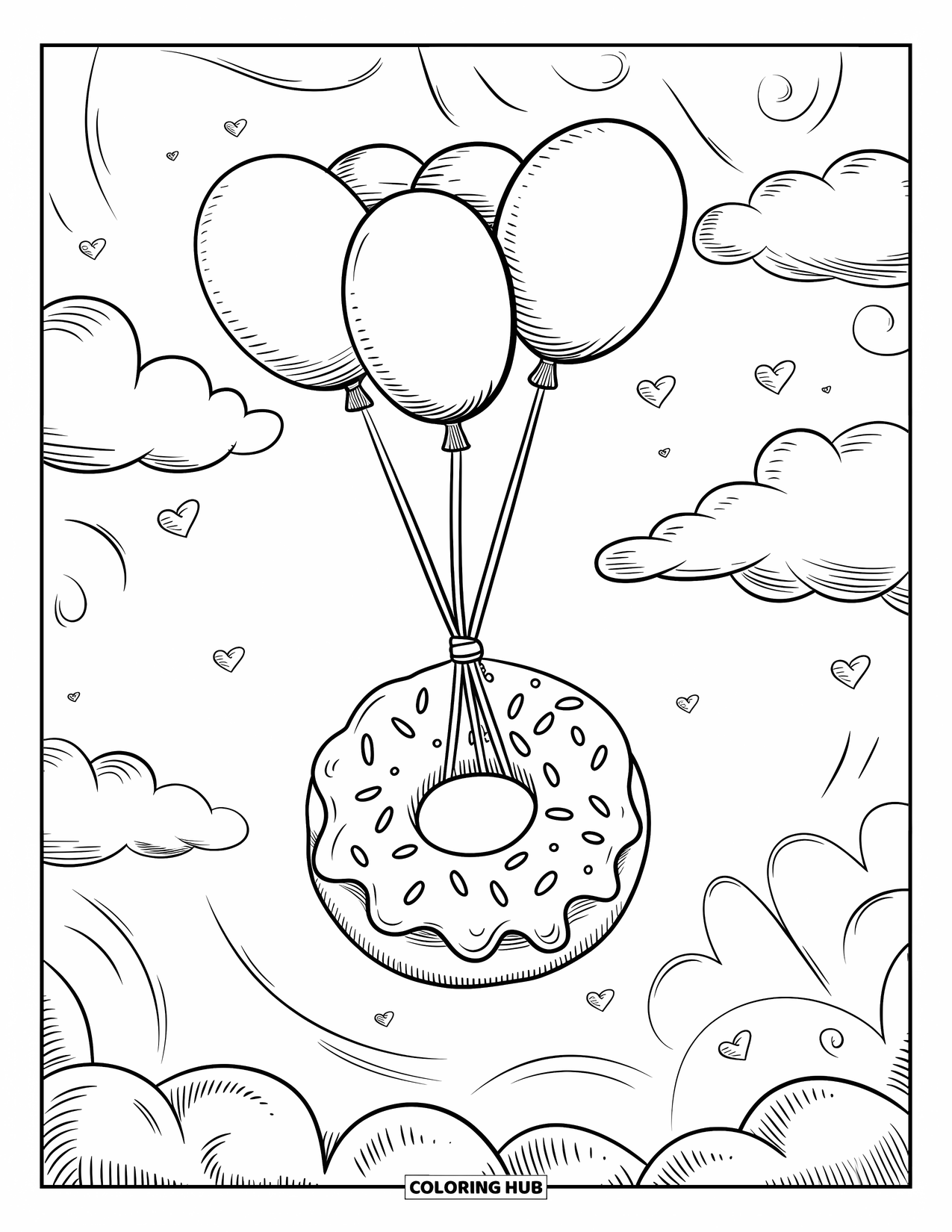 Donut Coloring Page for Adults: A dreamy donut balloon rises into the sky, surrounded by soft clouds and gentle swirls