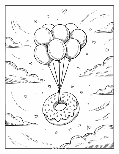 Coloriage de donut pour adultes : Un donut flottant dérive dans le ciel, attaché à un ensemble de cordes de ballon