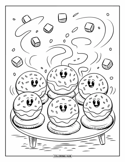 Coloriage de donut pour adultes : Un groupe de donuts joyeux est assis sur de petits coussins, réunis autour d’une table basse confortable