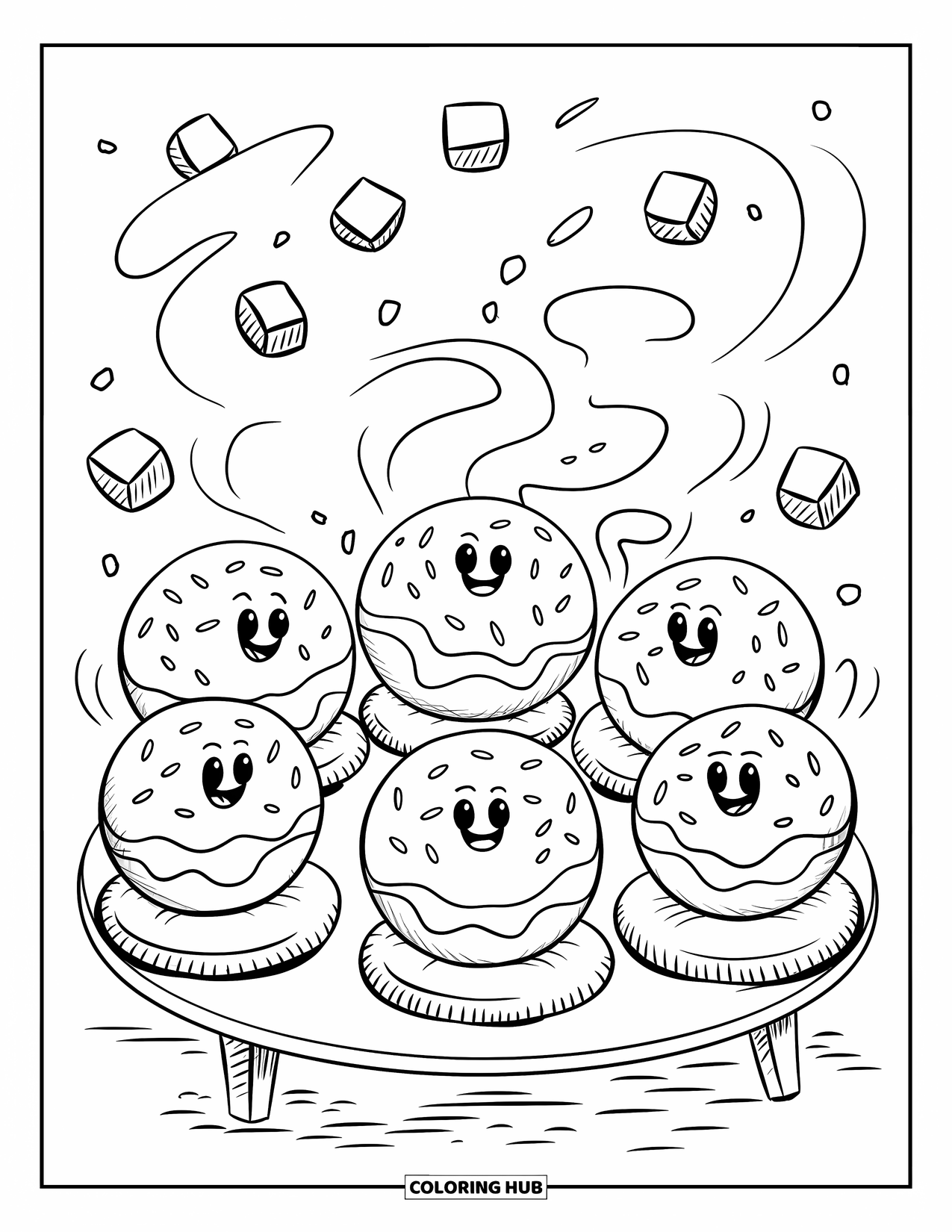 Donut Coloring Page for Adults: A group of cheerful donuts sits on tiny cushions, gathered around a cozy low table