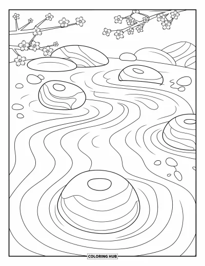 Coloriage de donut pour adultes : Un jardin zen d’inspiration japonaise avec des donuts, des galets lisses et de délicates fleurs de cerisier
