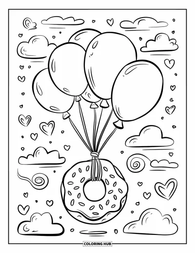 Coloriage de donut pour adultes : Un donut kawaii flotte haut au-dessus, attaché à des ballons, avec de minuscules cœurs dansant autour de lui