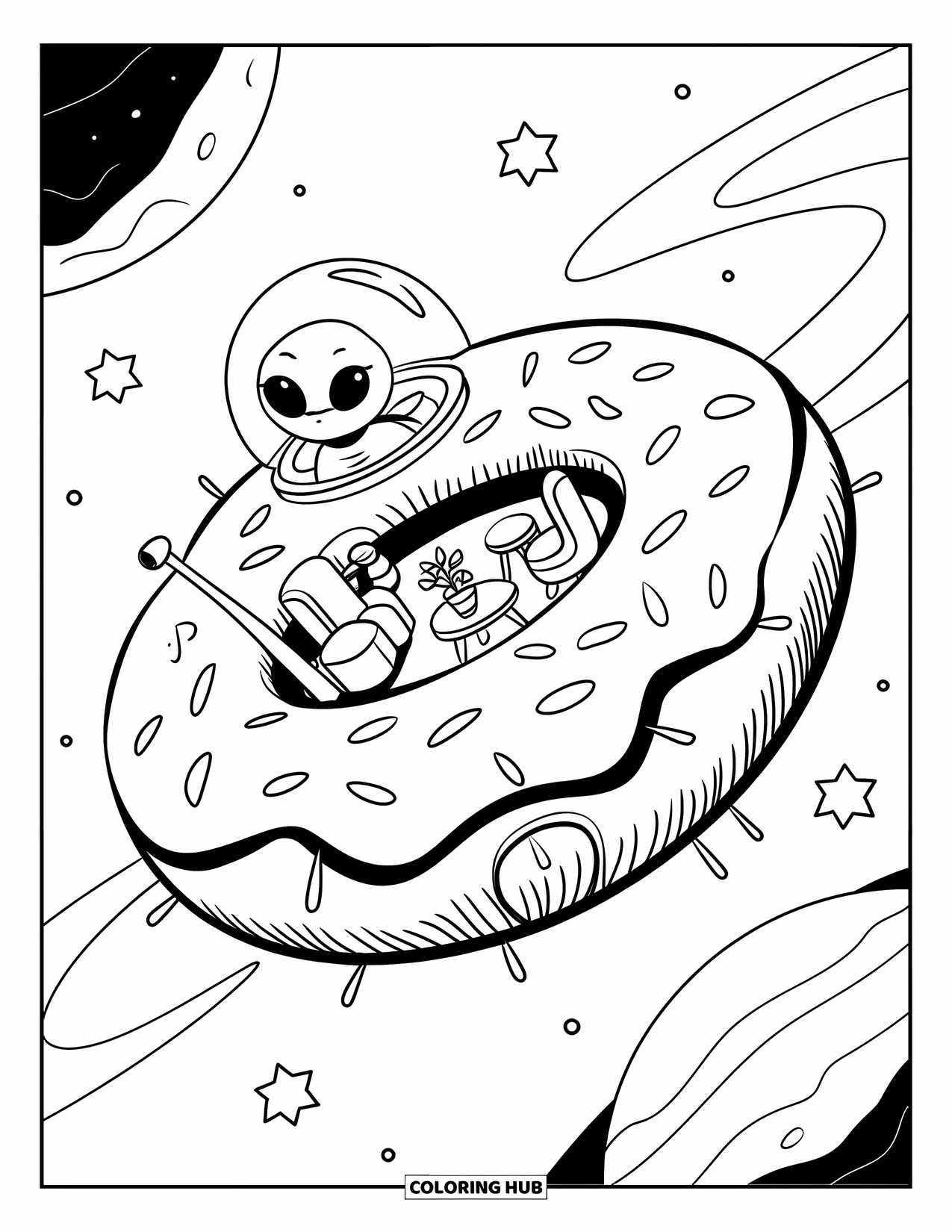 Donut Coloring Page for Adults: A kawaii donut spaceship glides through the stars, piloted by a tiny smiling alien