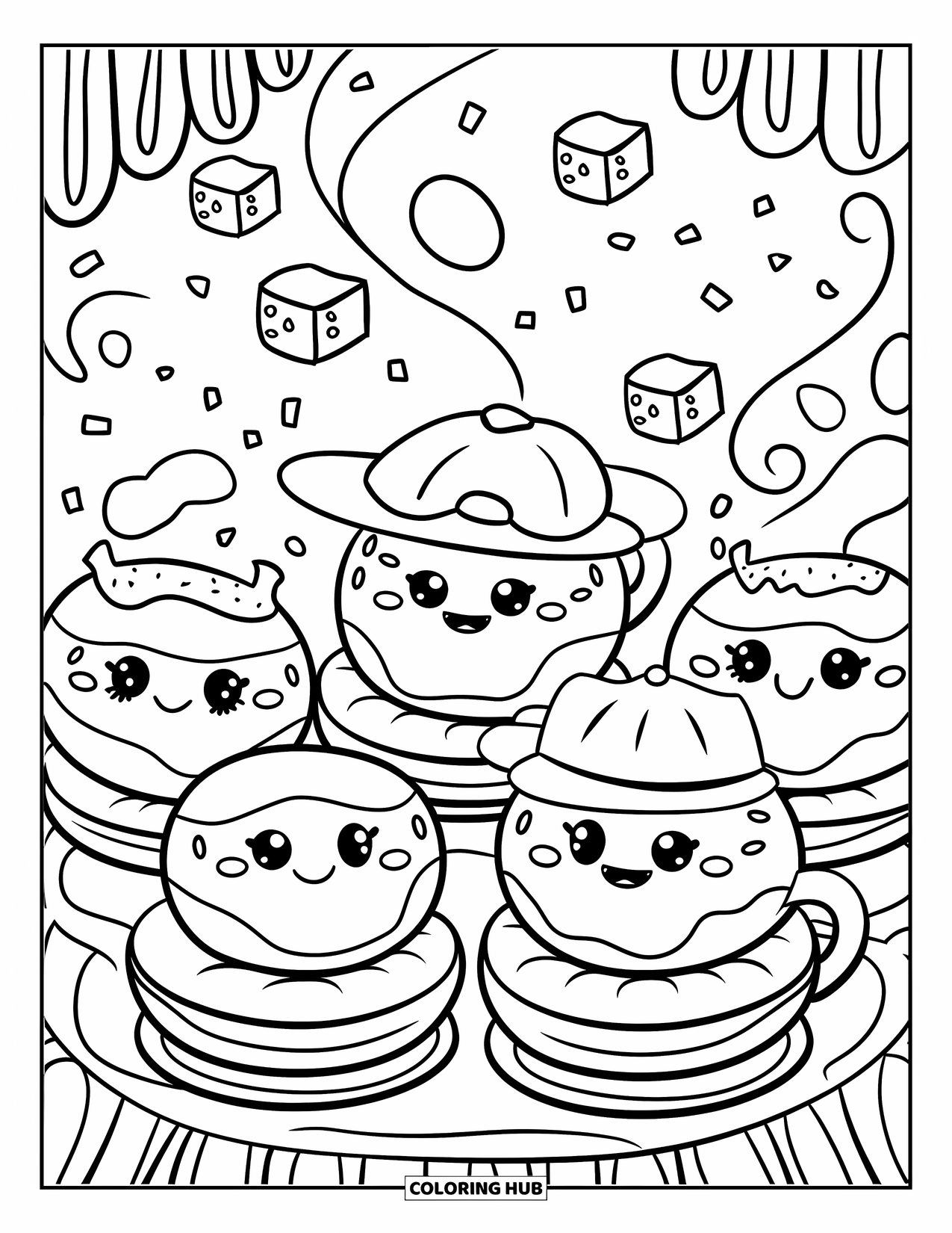 Donut Coloring Page for Adults: A kawaii tea party with donuts sitting on cushions, surrounded by floating sugar cubes