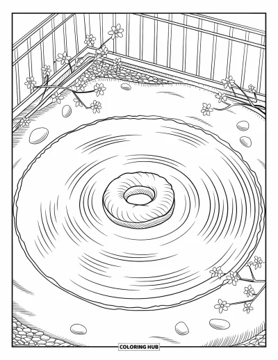 Coloriage de donut pour adultes : Un jardin zen méditatif avec des donuts, des motifs de sable et un doux paysage floral