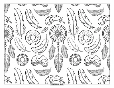 Coloriage de donut pour adultes : Un motif bohème envoûtant rempli de donuts, de plumes et de formes géométriques tourbillonnantes