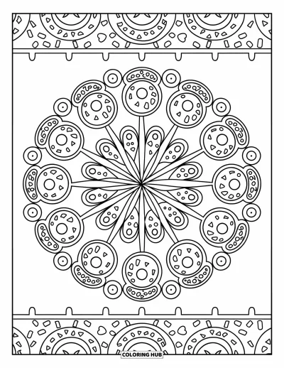 Coloriage de donut pour adultes : Un mandala de donut envoûtant avec un glaçage tourbillonnant, des vermicelles et des détails géométriques