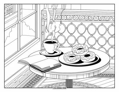 Coloriage de donut pour adultes : Une table de café paisible avec du café, des donuts et une vue sur le paysage urbain