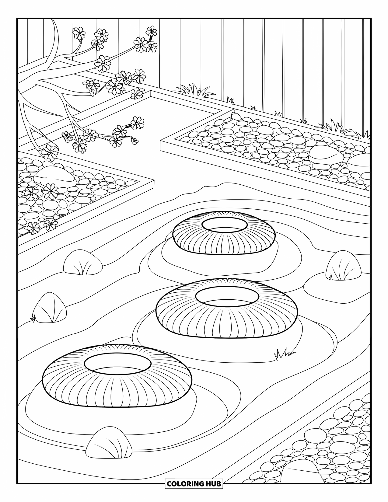 Donut Coloring Page for Adults: A peaceful Zen garden with raked sand patterns and large decorative donuts